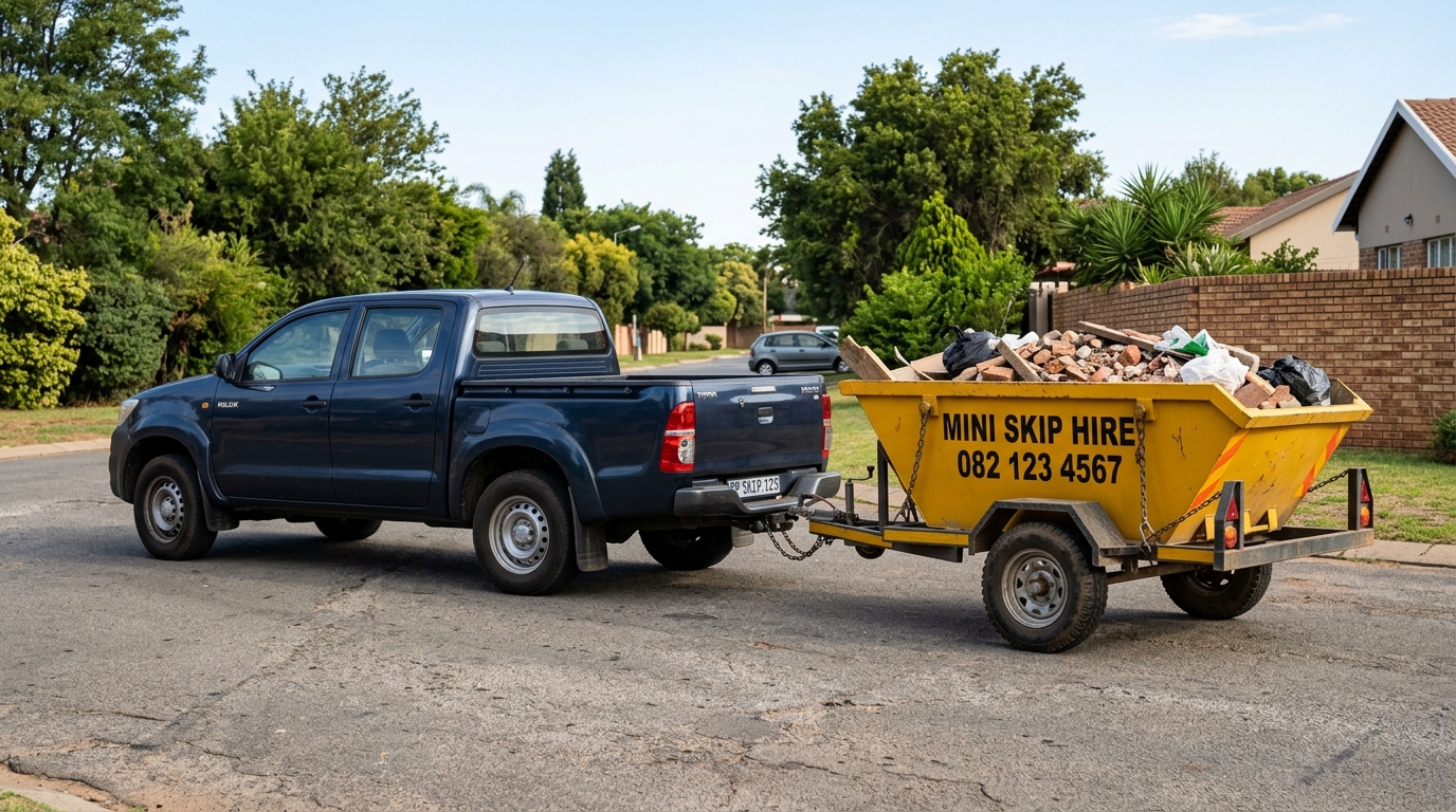 Bakkie towing a yellow mini skip trailer for delivery in Durbanville Northern Suburbs Cape Town